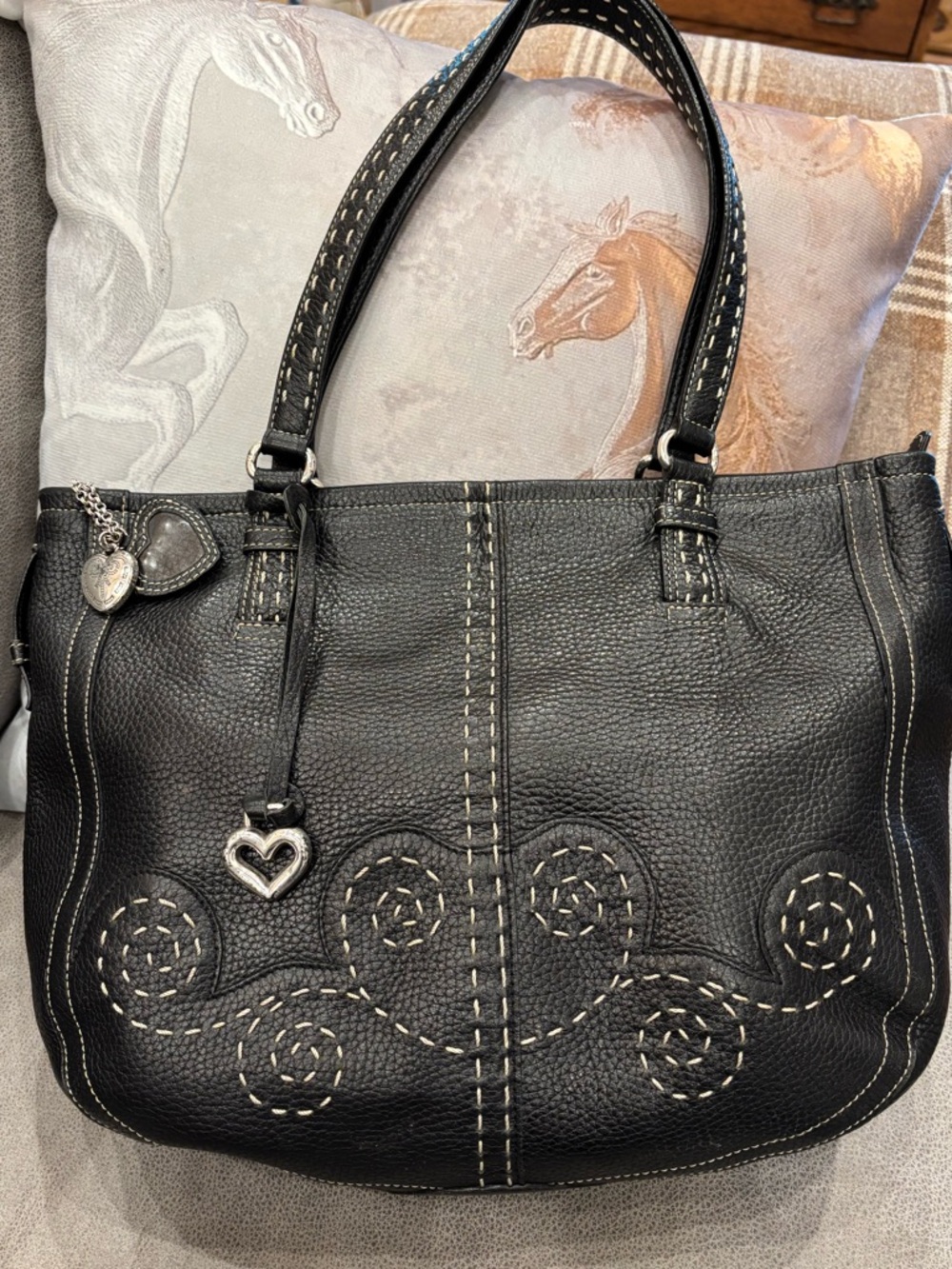 Brighton Black pebble Leather Heart-Stitch Tote Bag
